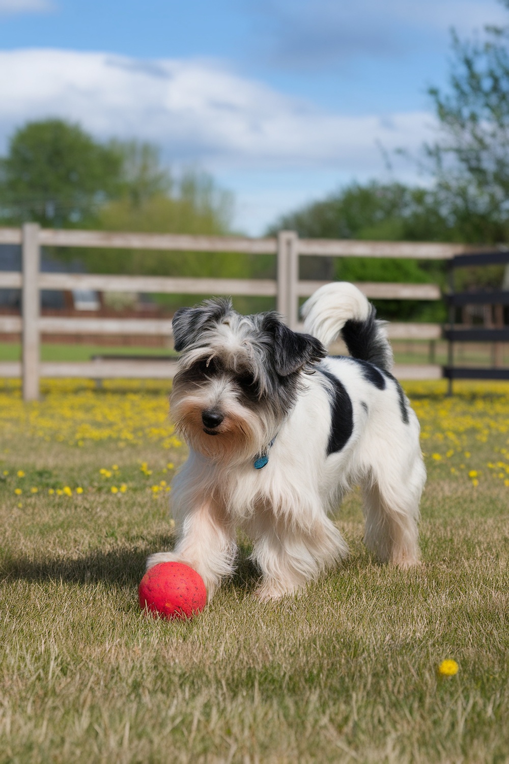 A cheerful Havanese terrier mix playing with a red ball in a grassy field.