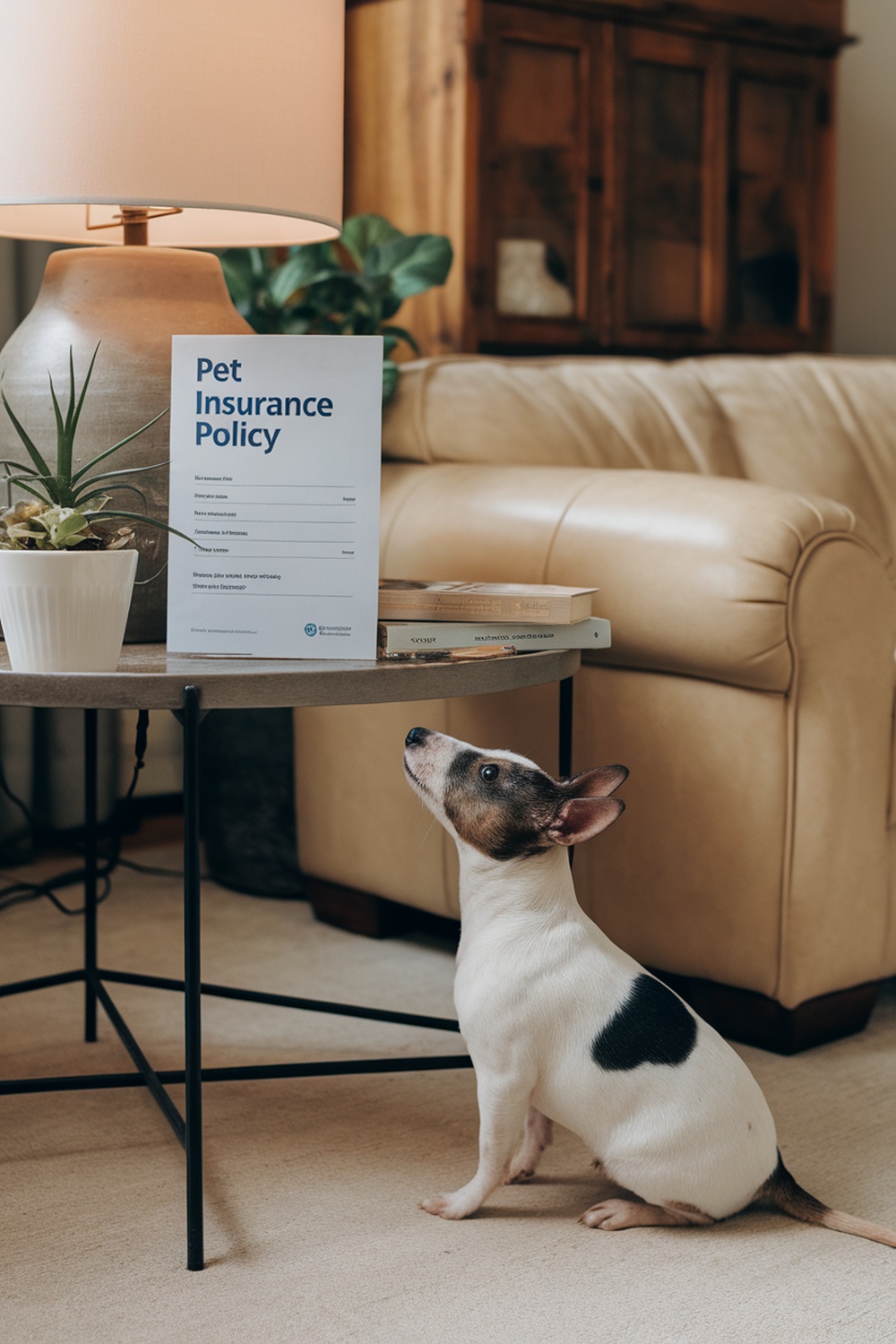 A Rat Terrier looking at a pet insurance policy on a table.