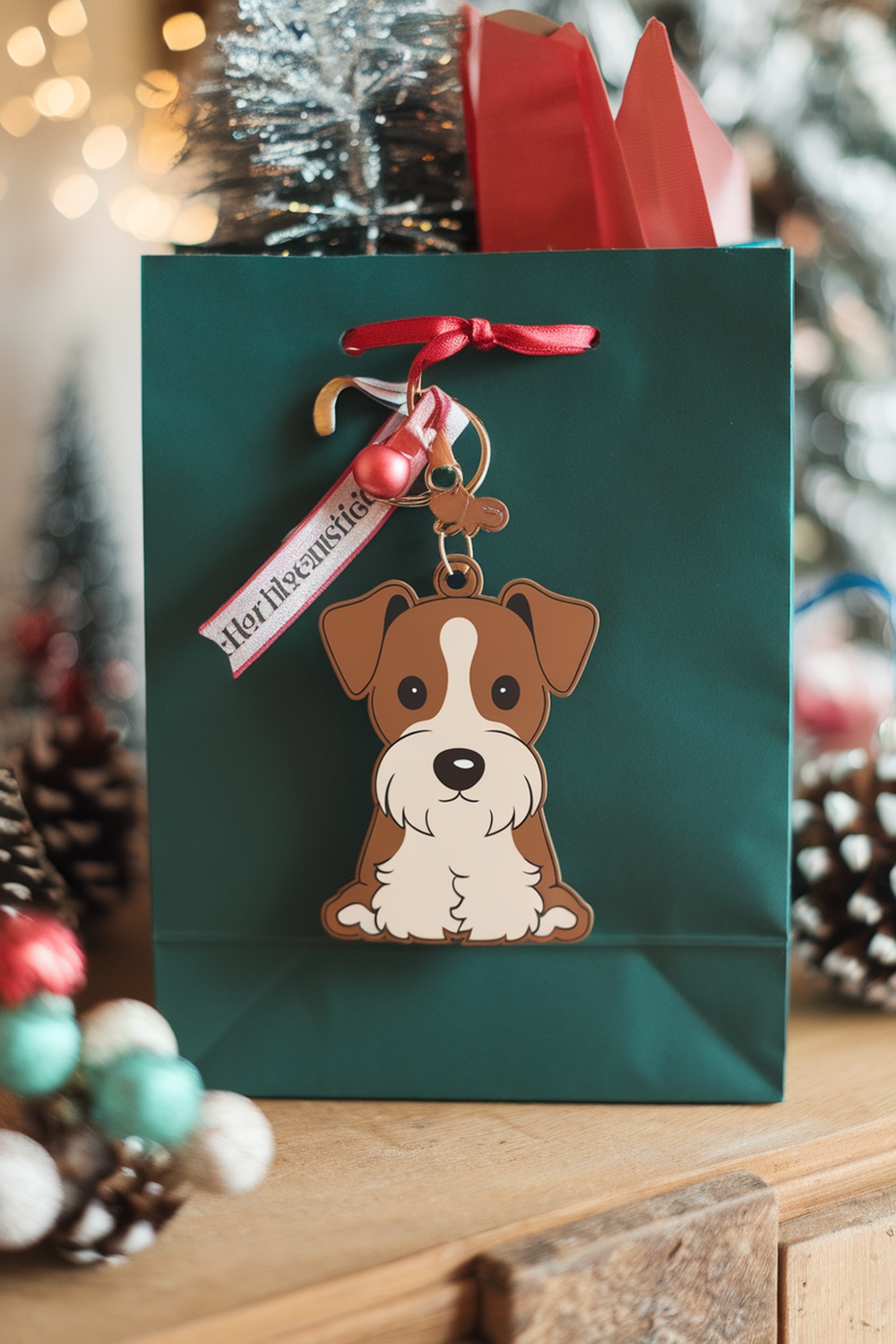 A green gift bag with a Terrier breed keychain attached, surrounded by festive decorations.
