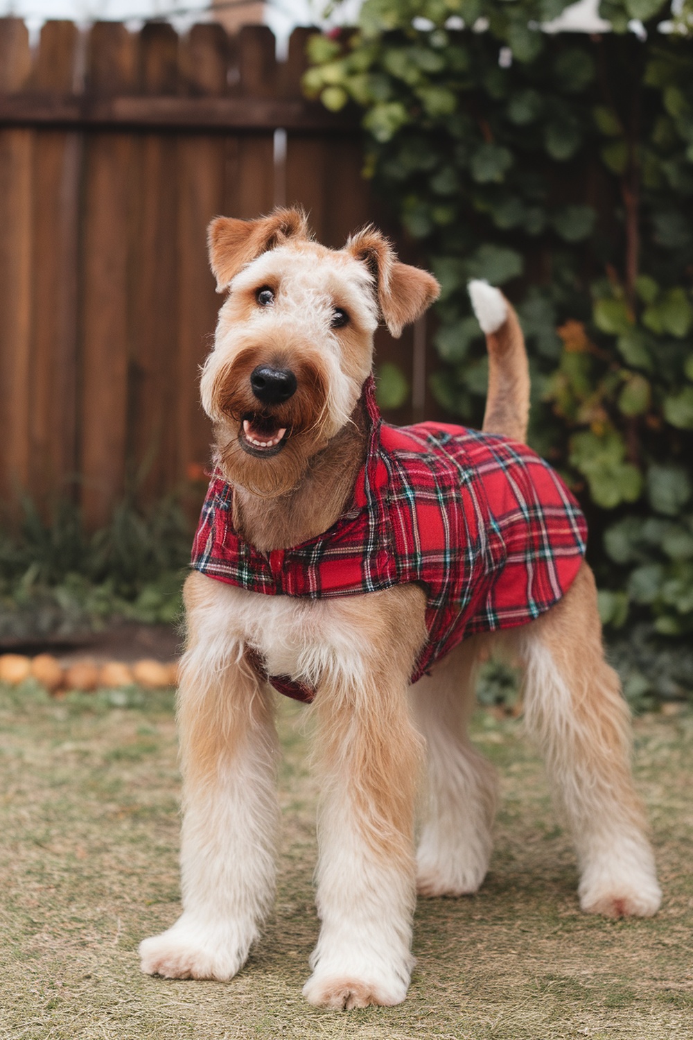 Airedale Terrier mix dog wearing a plaid coat, smiling in a garden.