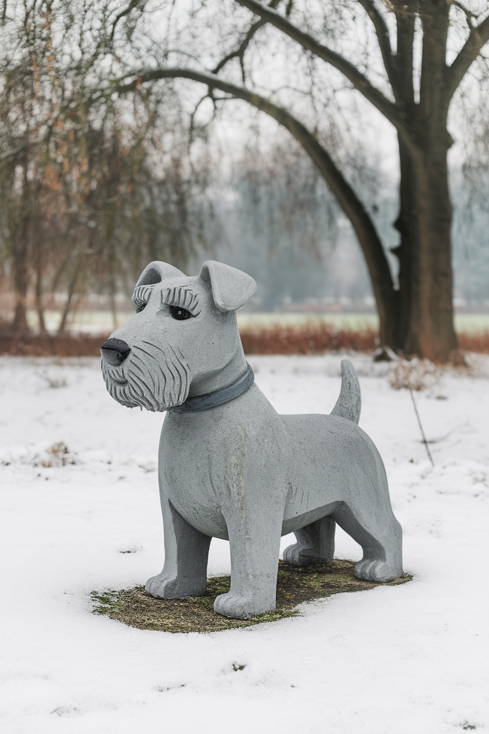 A stone statue of a terrier dog in a snowy garden setting.
