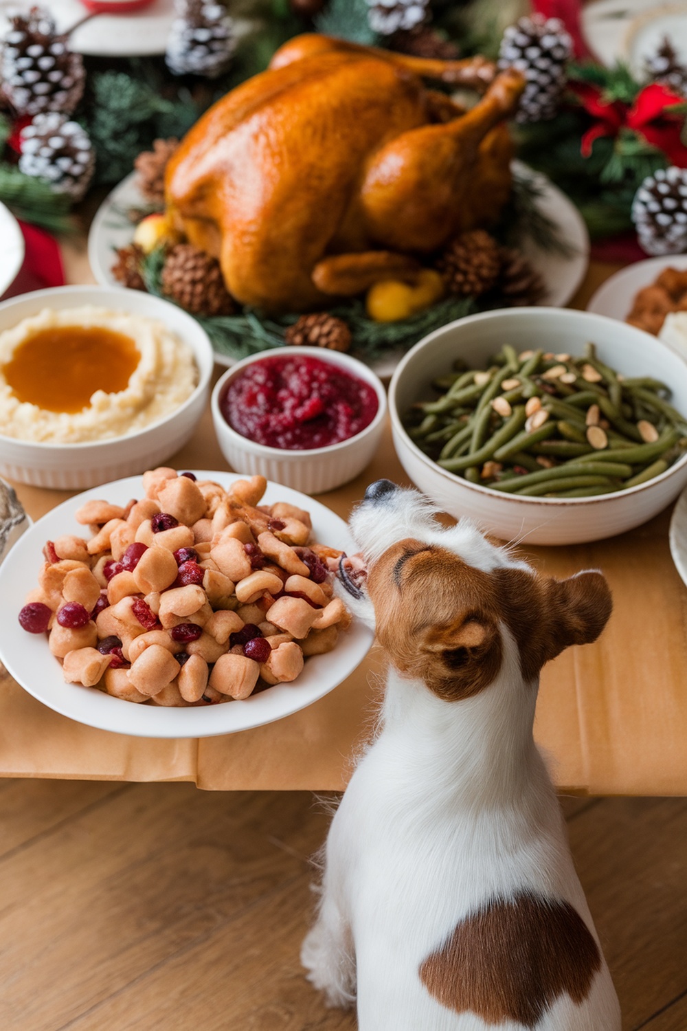 A Terrier dog looking at a plate of turkey and cranberry snacks on a festive table.