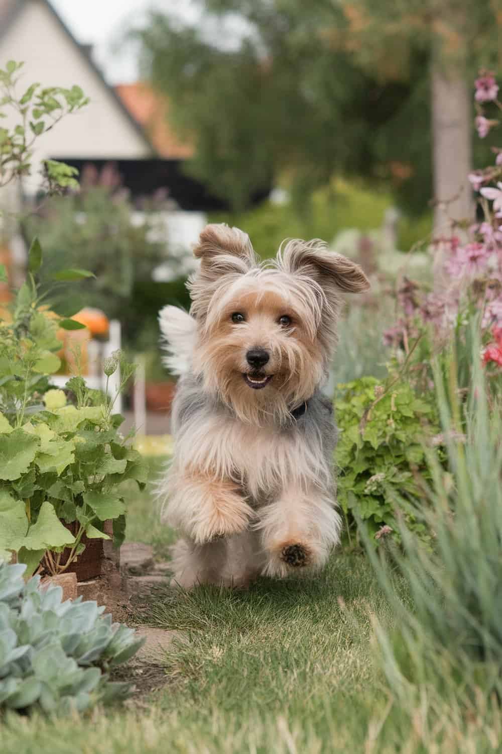 A Sealyham Terrier running happily in a garden surrounded by plants.