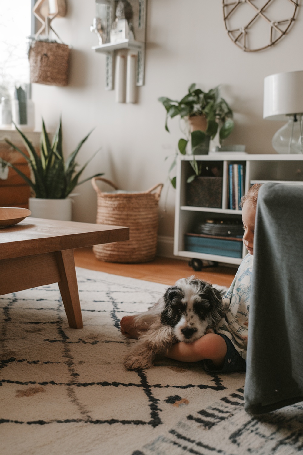A child cuddling a small dog in a cozy living room setting.