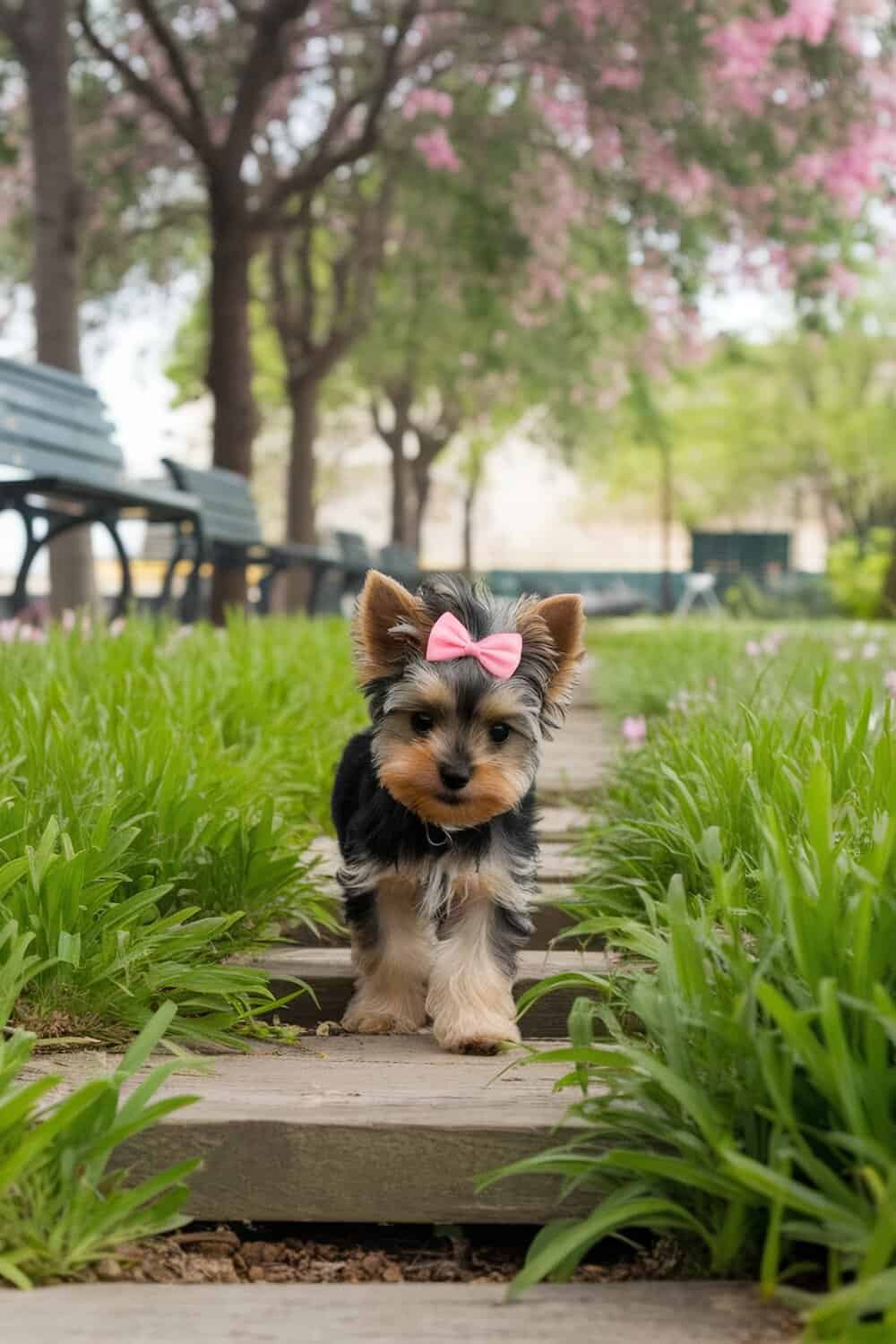 A Yorkie puppy with a pink bow walking on a path surrounded by grass.