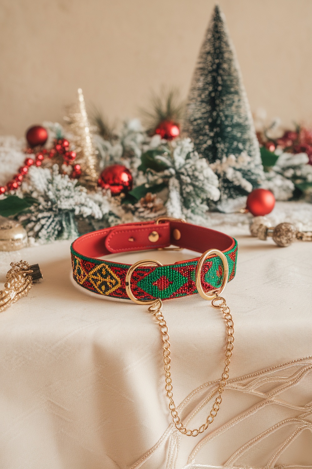 A colorful handcrafted dog collar with a red leather base and intricate patterns, surrounded by festive decorations.