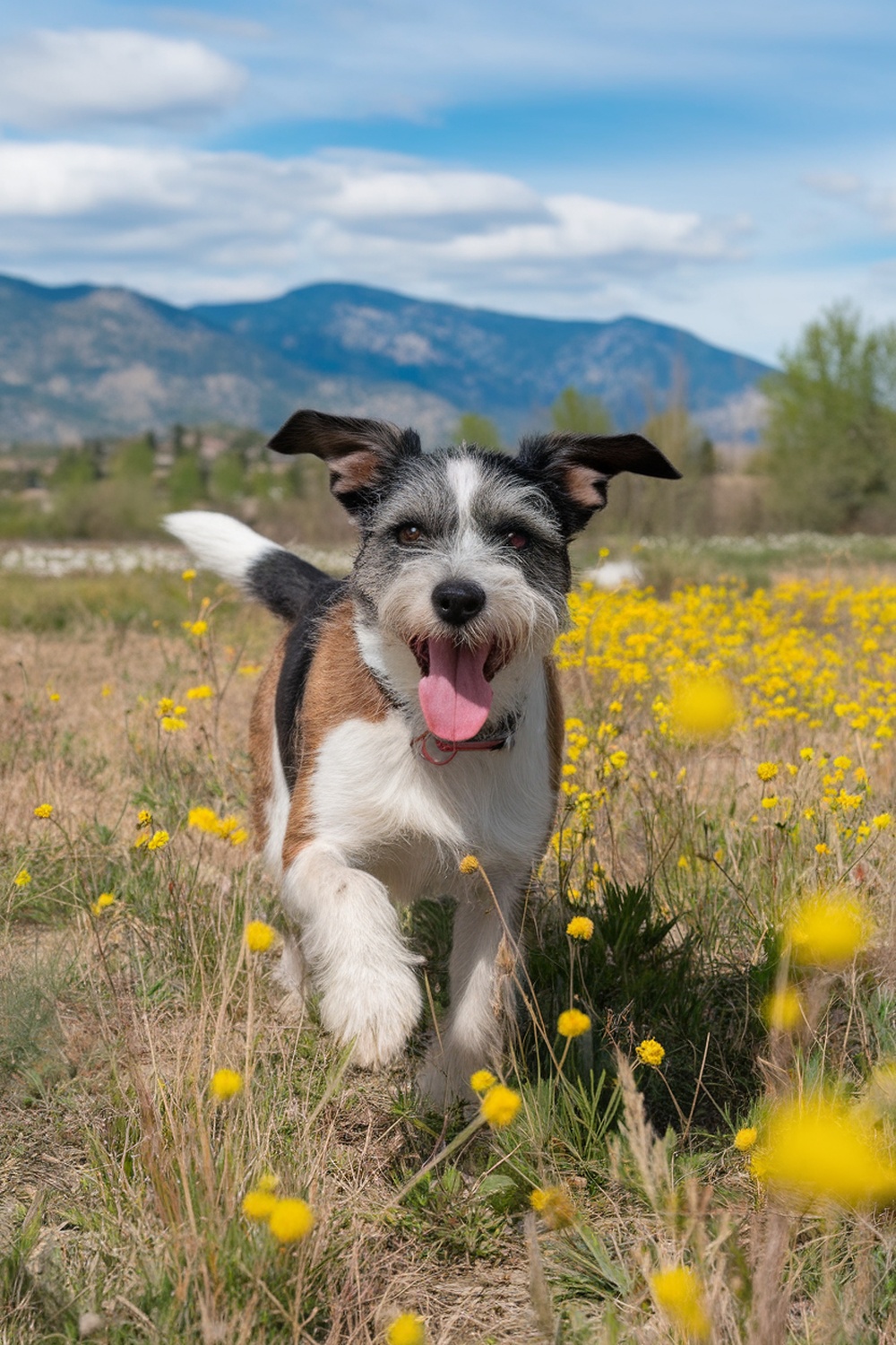A happy Border Terrier mix running through a field of yellow flowers.