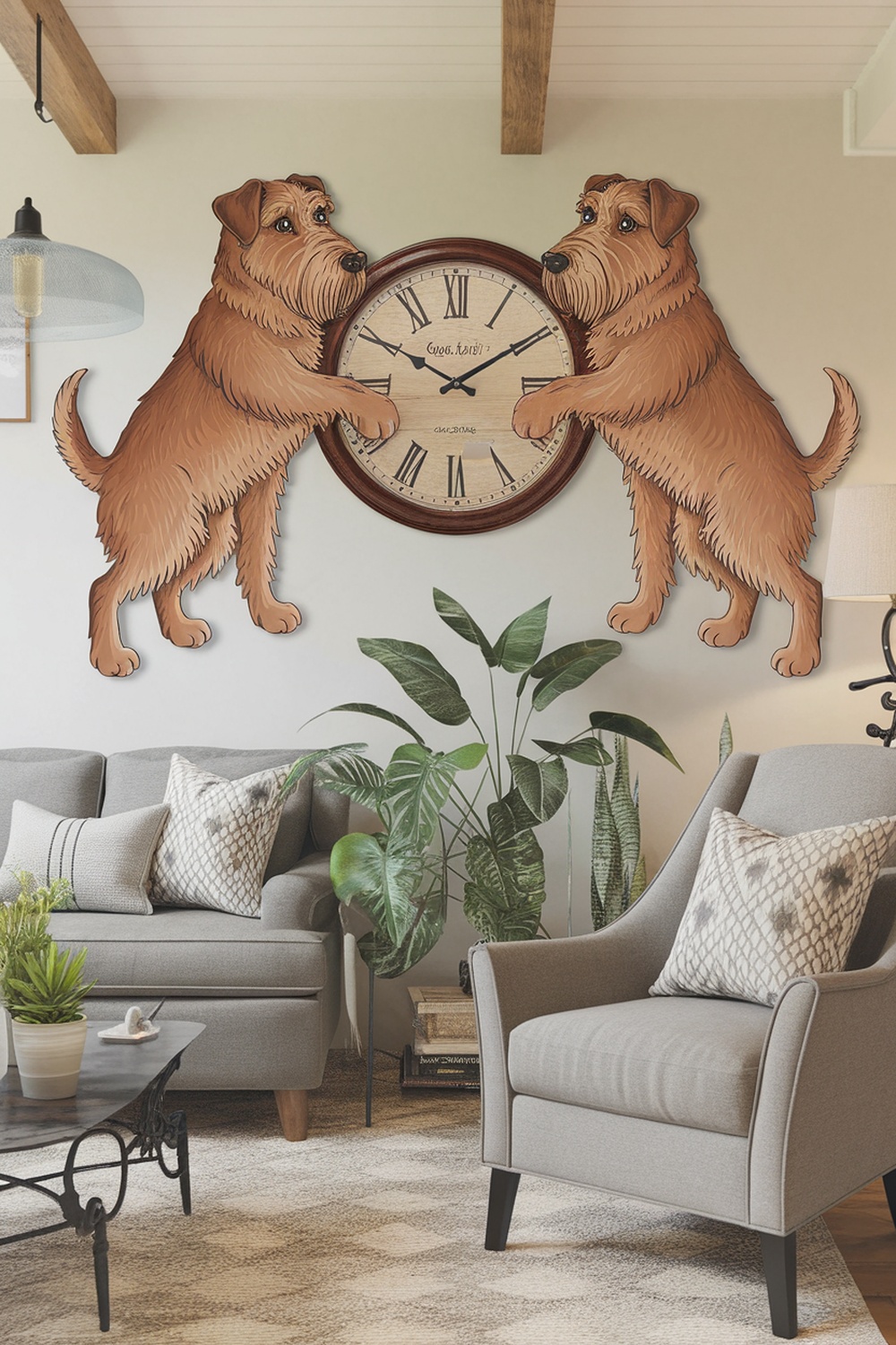 A wall clock featuring two cartoon terriers holding the clock face, set in a cozy living room.