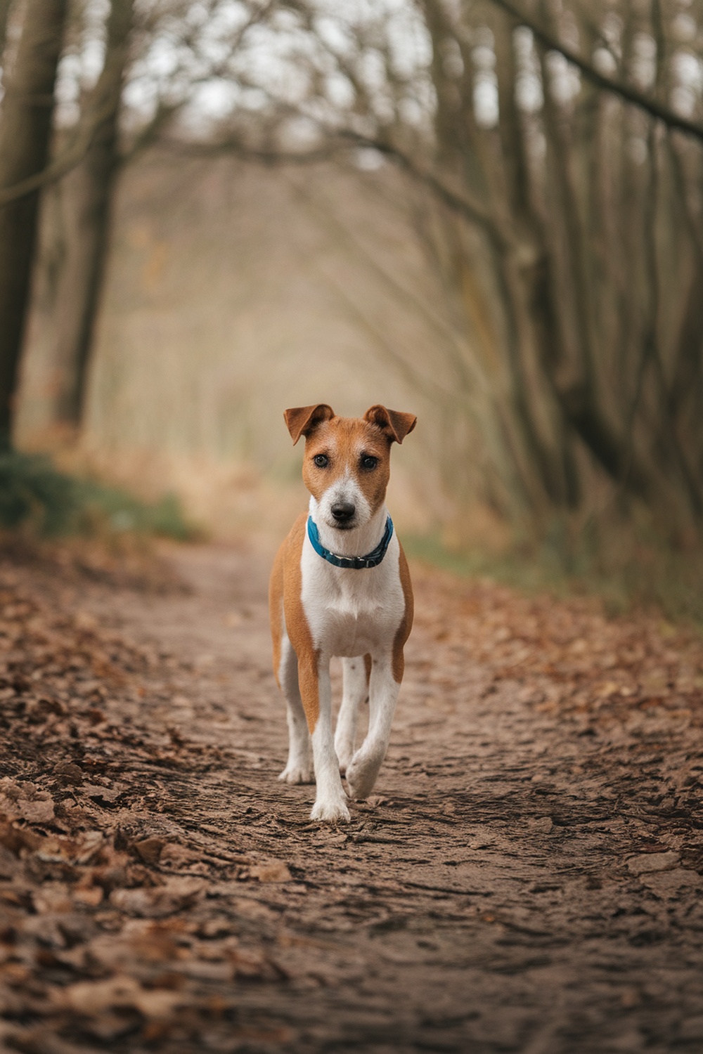 A Smooth Fox Terrier walking along a path in a wooded area.