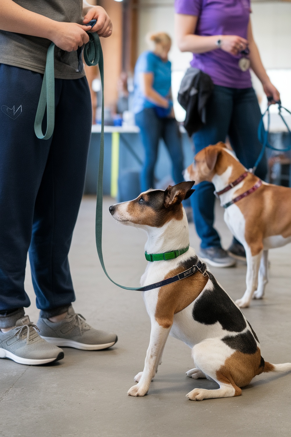 A person training a terrier dog in a training class.