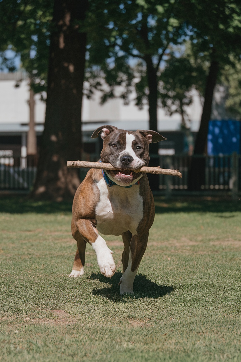 A happy dog running with a stick in its mouth, showcasing the playful nature of bully and terrier mixes.