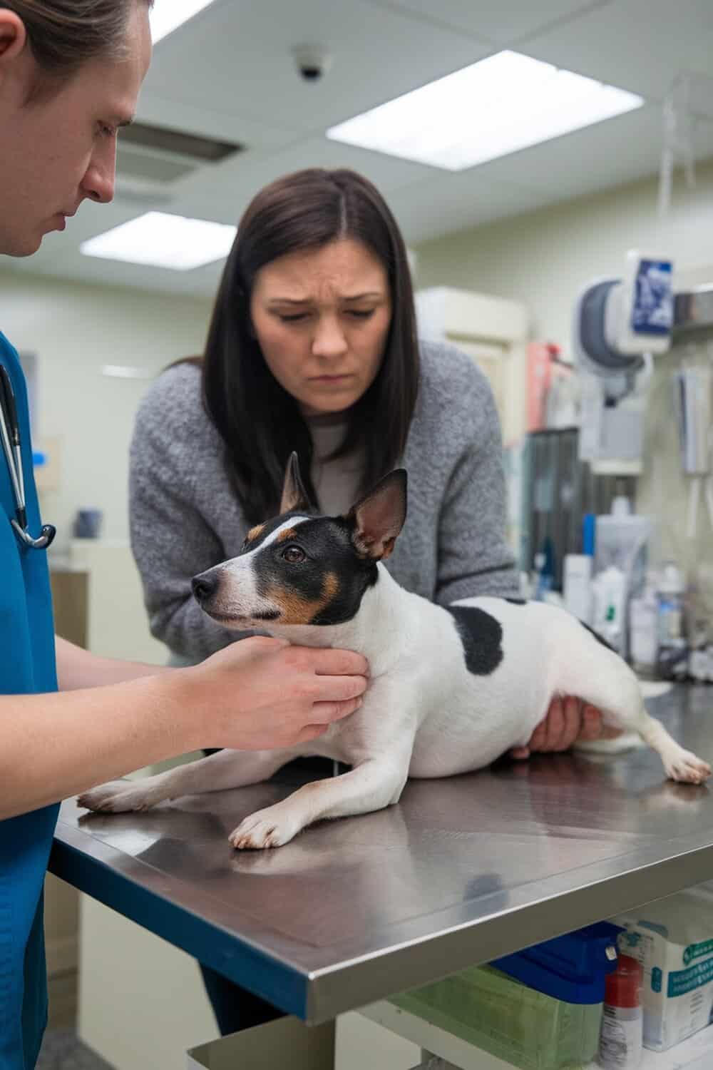 A veterinarian examines a Rat Terrier while a concerned owner watches.