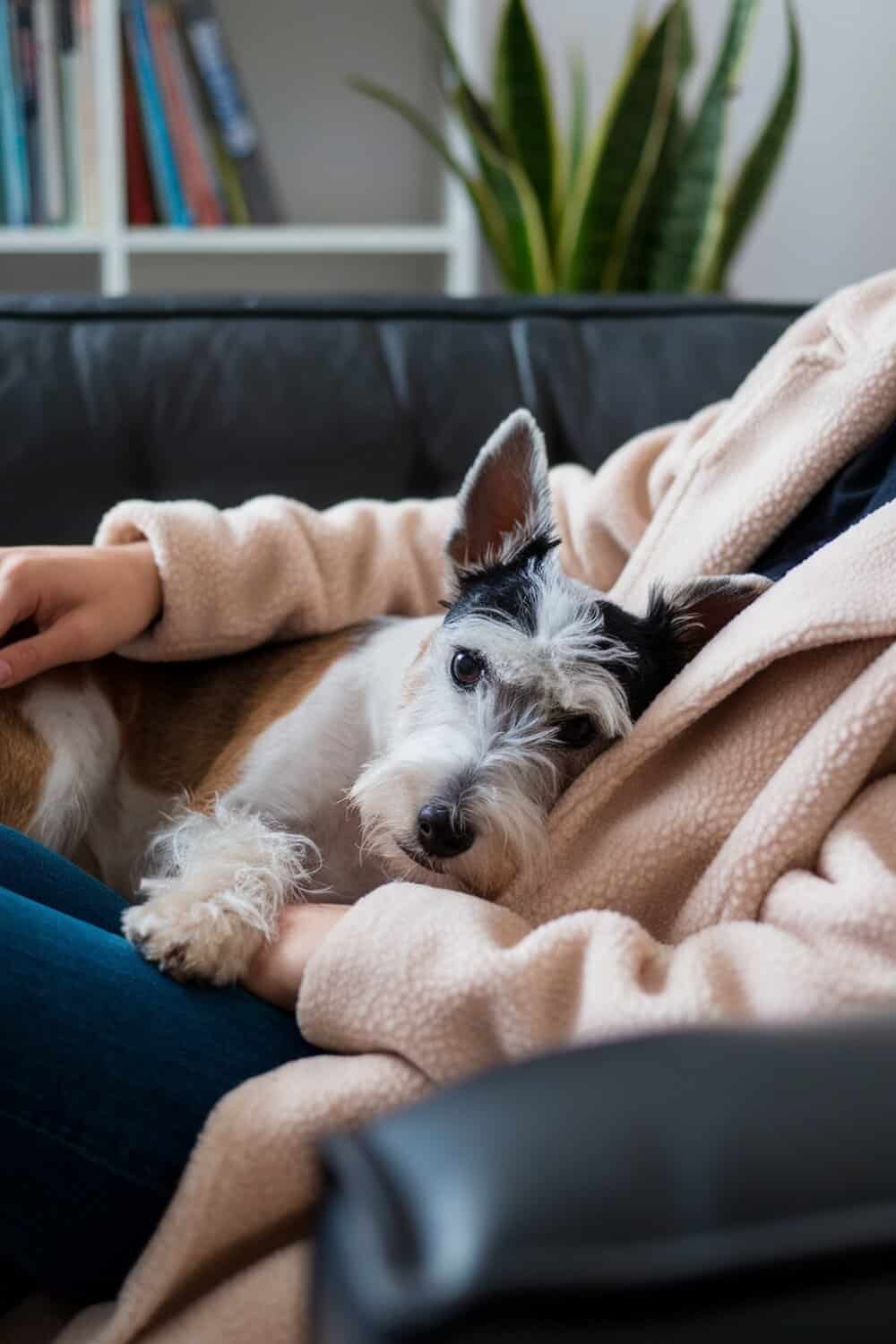A Norfolk Terrier cuddling with a person on a couch.