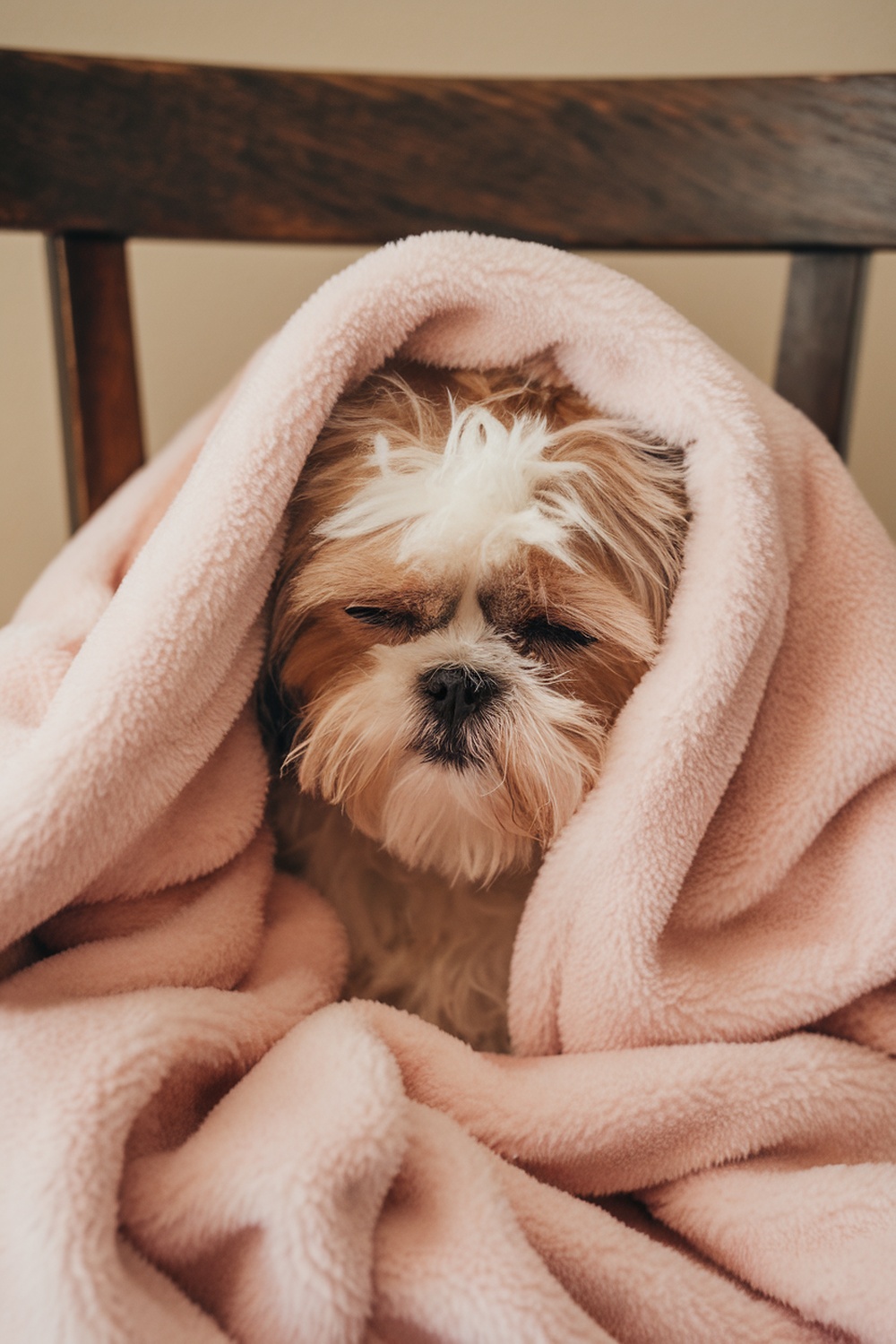 A Shih Tzu wrapped in a pink blanket, looking cozy and content.