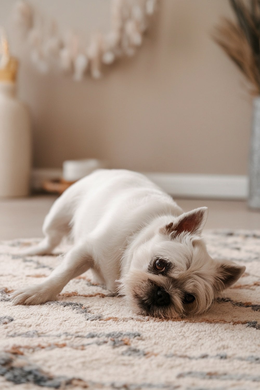 A West Highland White Terrier and Pug mix lying on a rug.