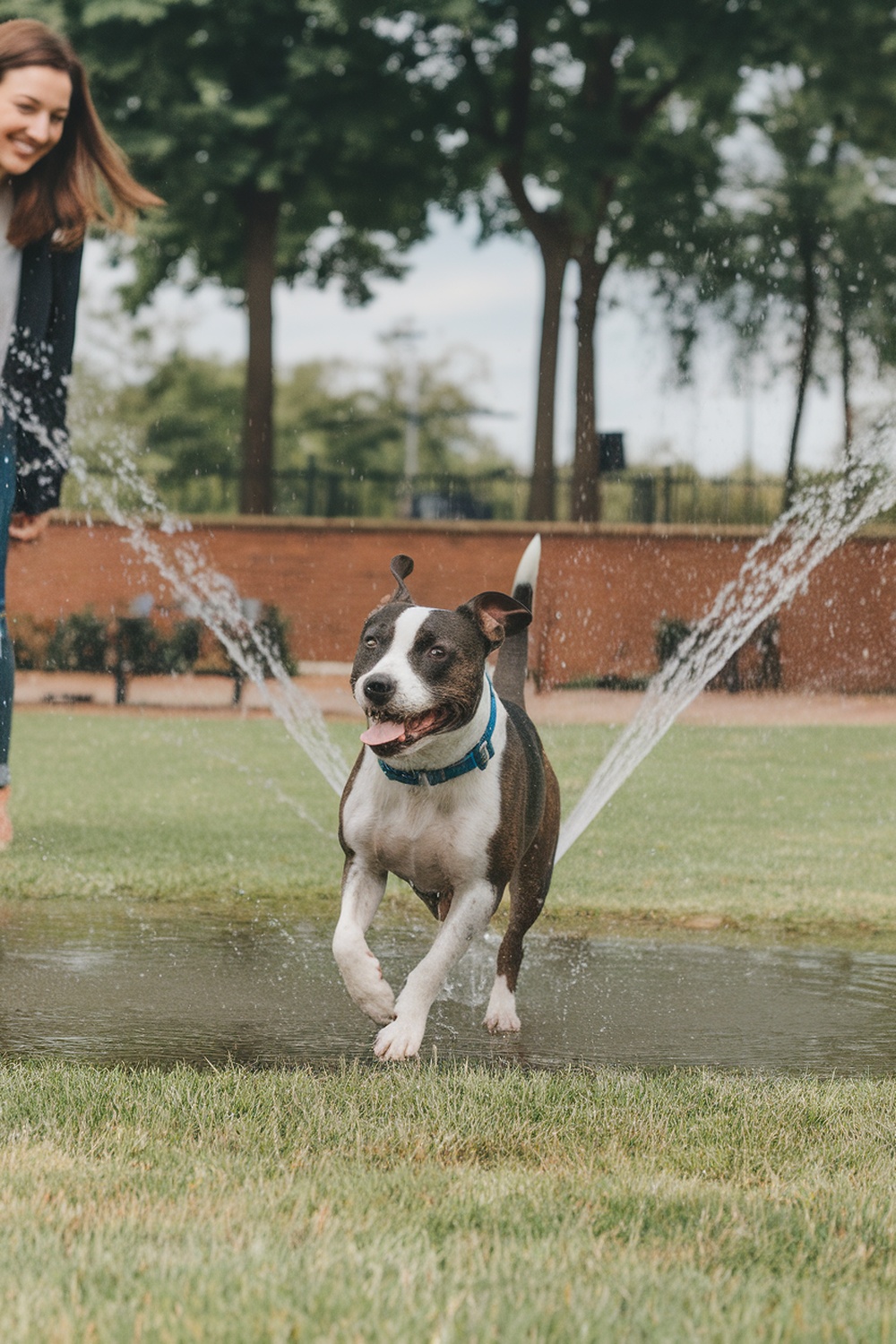 A happy American Staffordshire Terrier mix running through water in a park.