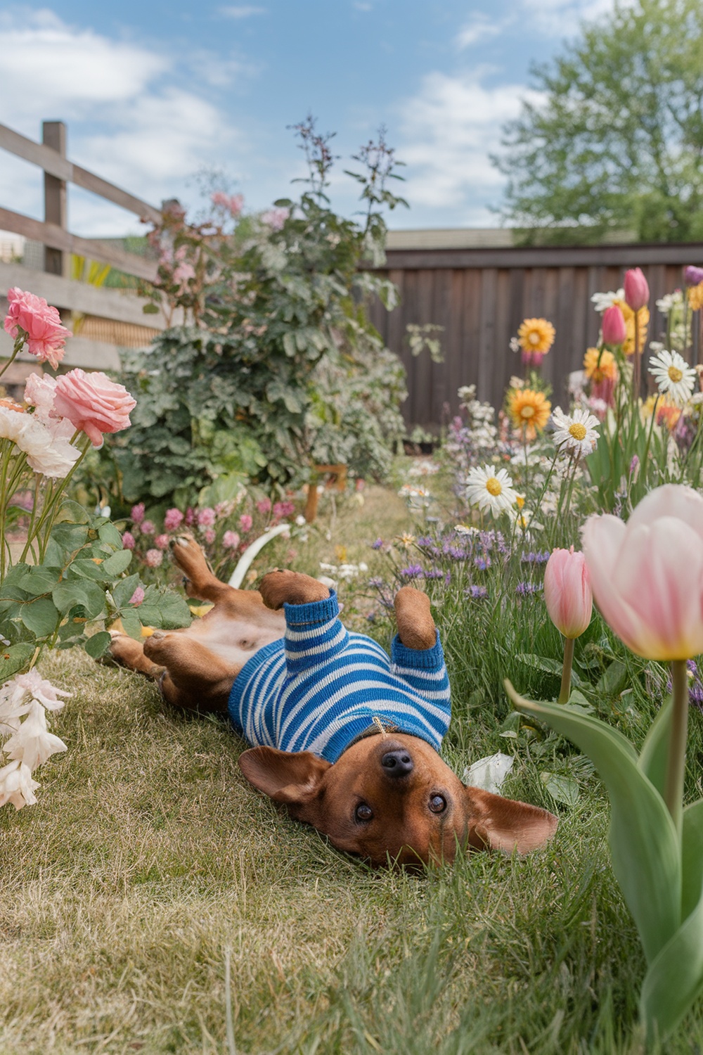 A Dachshund Terrier mix dog in a blue striped sweater lying in a flower garden.