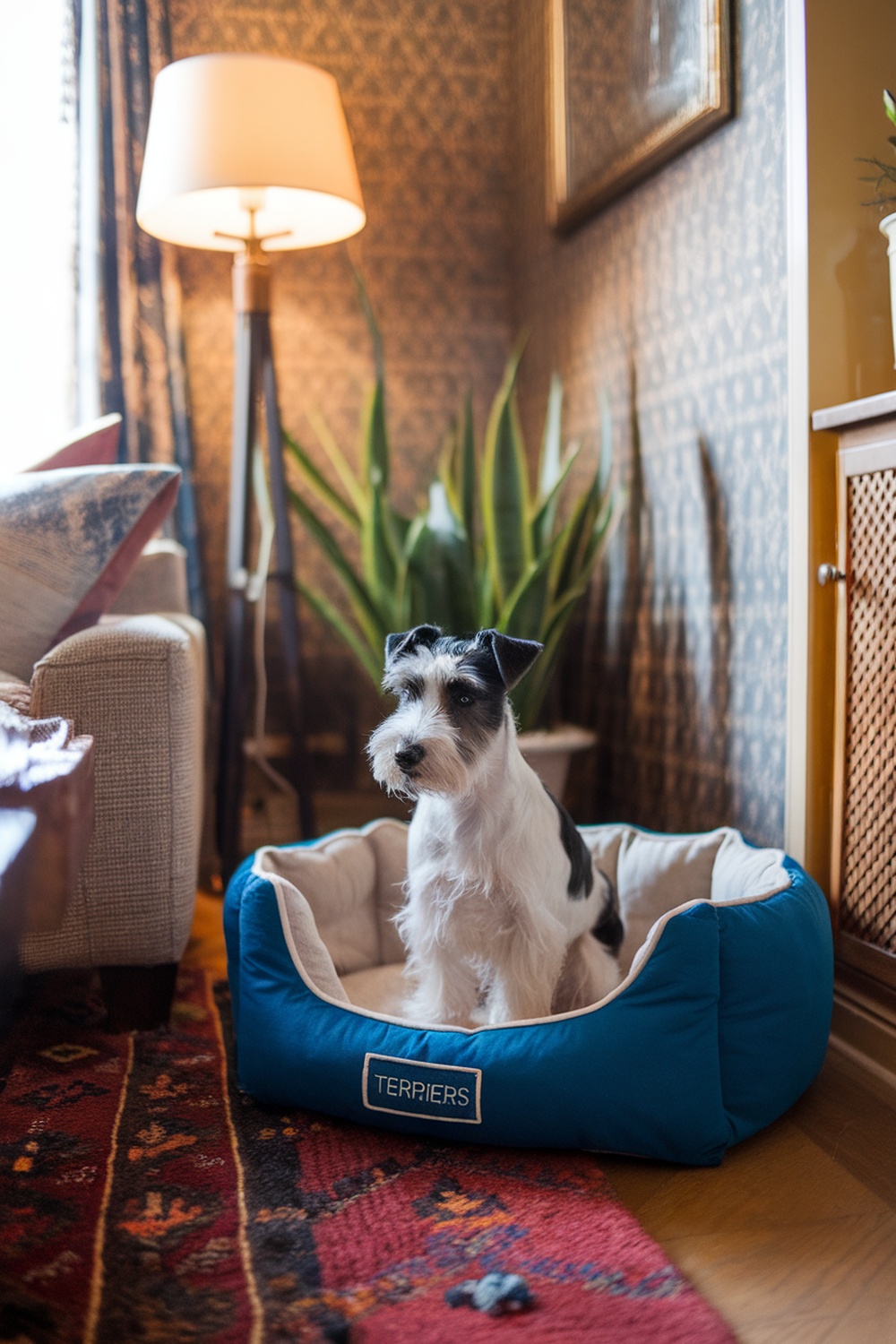 A terrier dog sitting in a blue pet bed in a cozy living room setting.