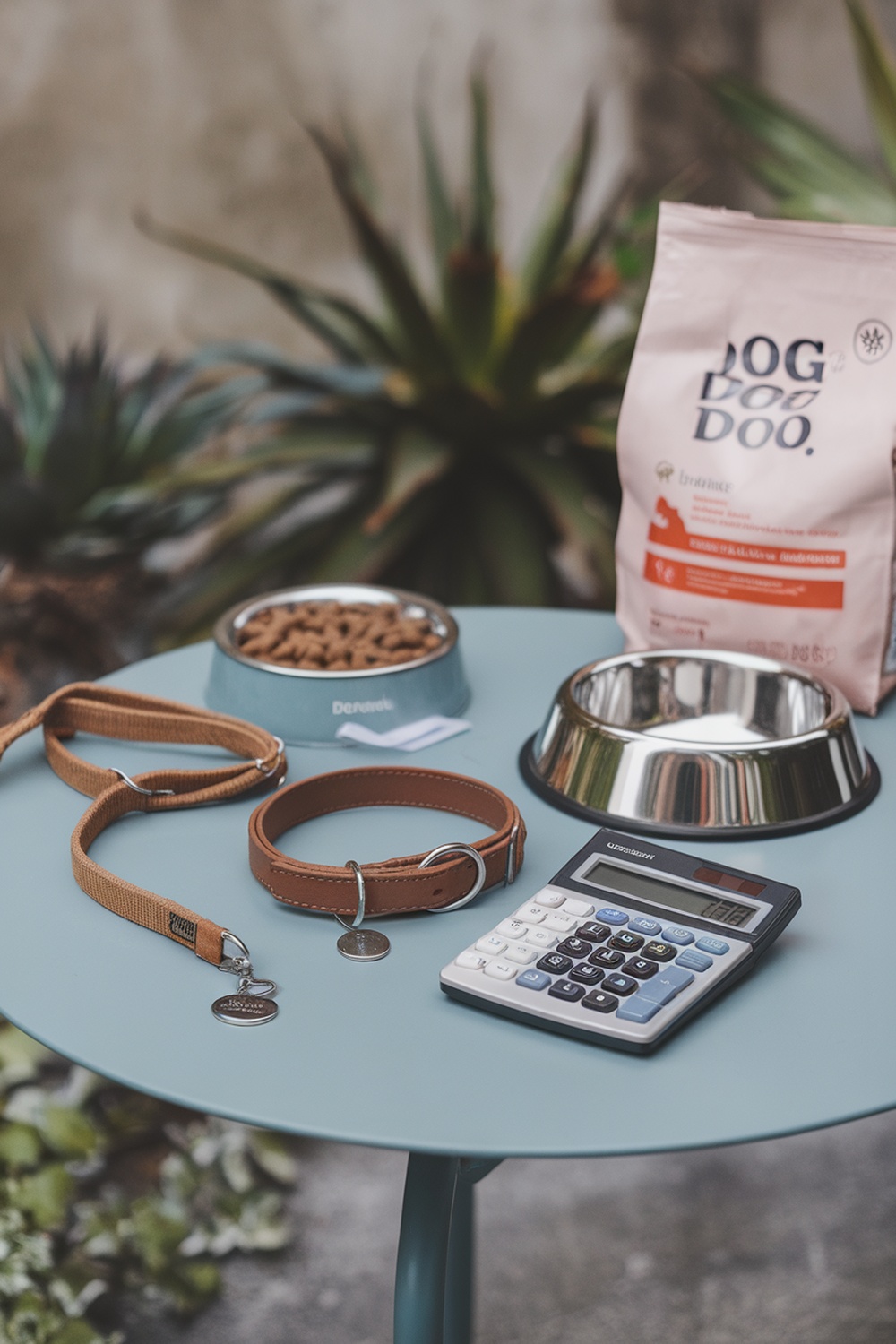 A table with dog food, collars, and a calculator, highlighting the costs of dog ownership.
