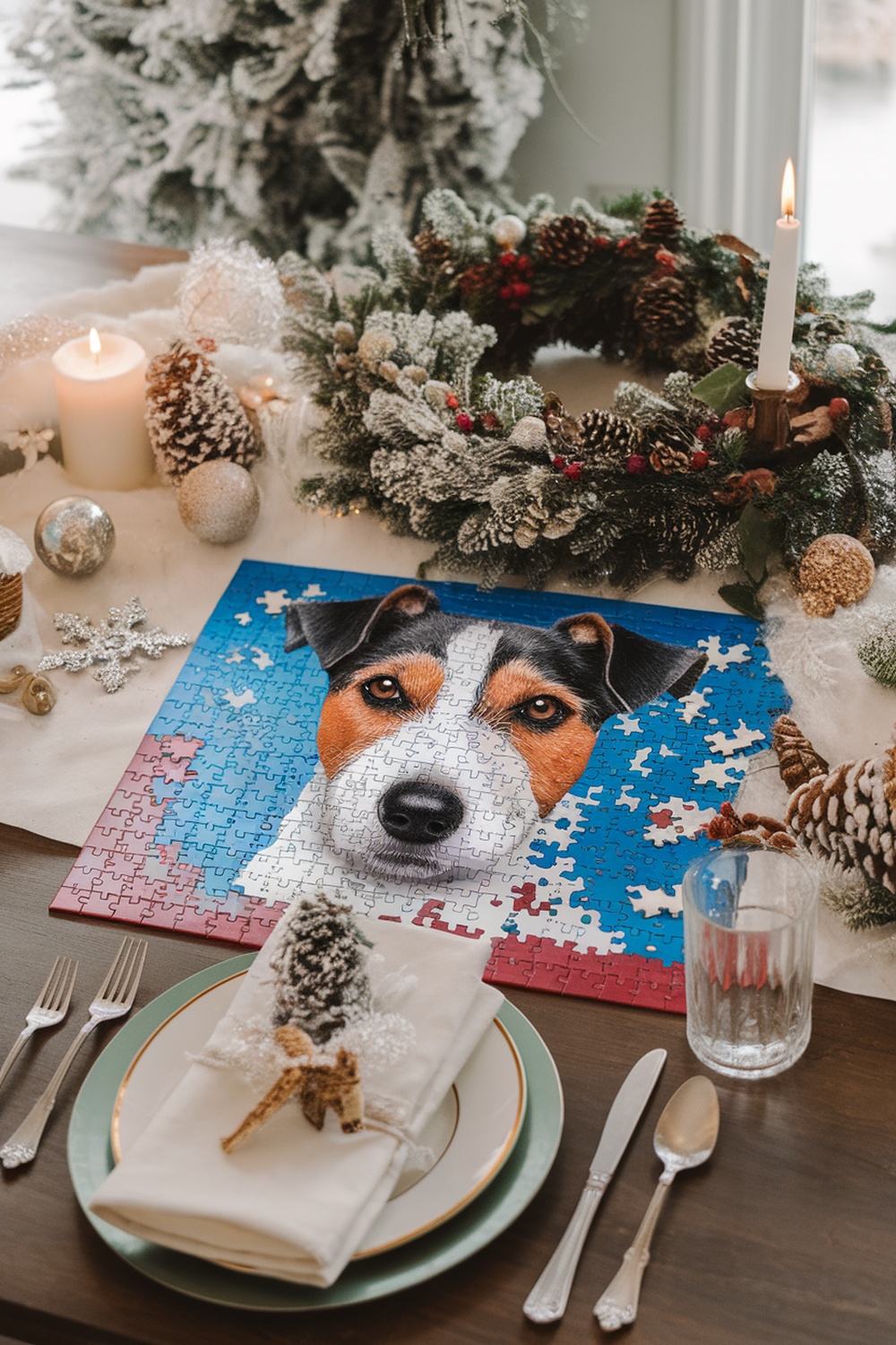 A festive table setting with a terrier-themed puzzle, surrounded by holiday decorations.