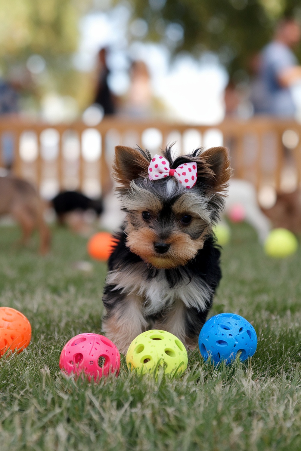 Yorkie puppy with a polka dot bow playing with colorful balls