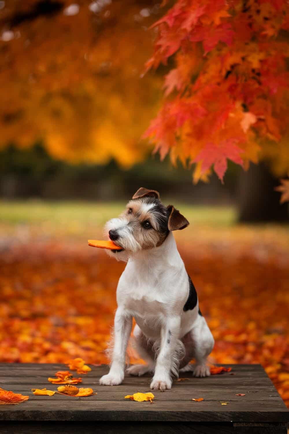 A Terrier dog sitting on a wooden surface with a sweet potato chew in its mouth, surrounded by colorful autumn leaves.