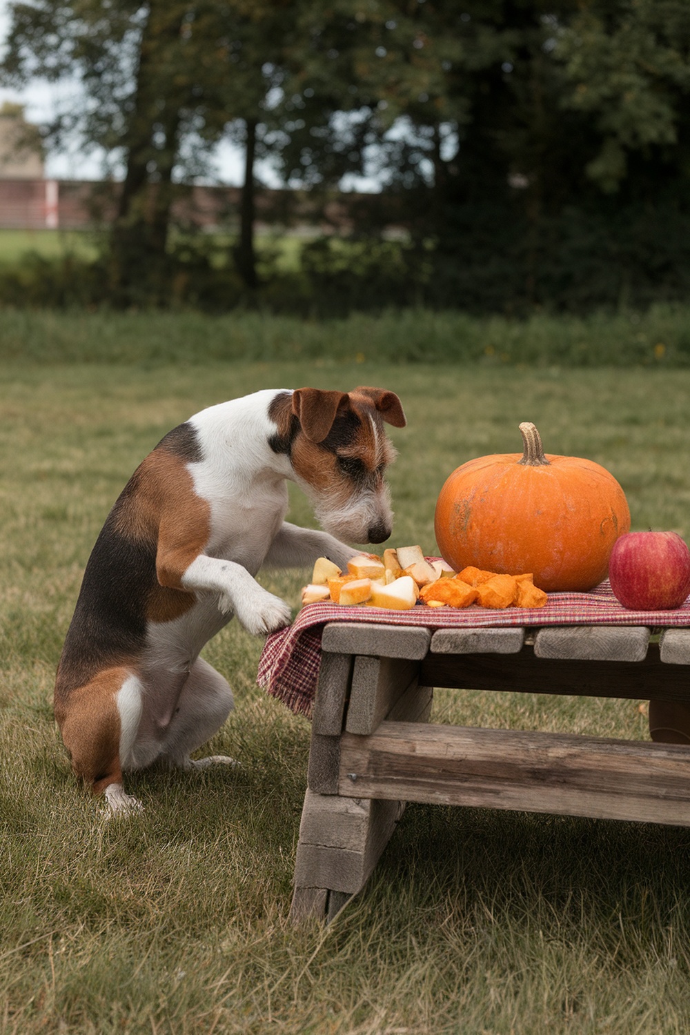 A terrier dog curiously looking at a table with pumpkin and apple treats.