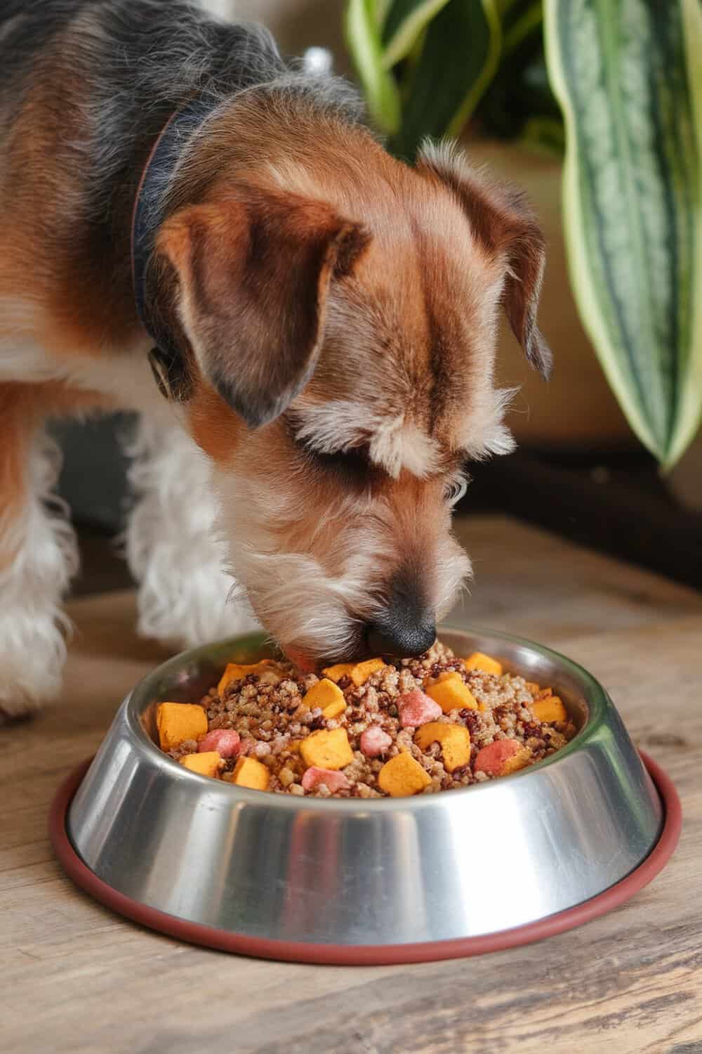 A terrier dog enjoying a bowl of pumpkin and quinoa dog food.