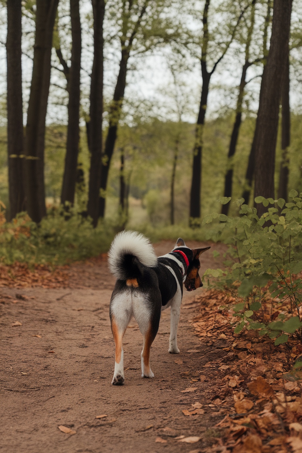 A Fox Terrier and Shiba Inu mix walking along a forest path.