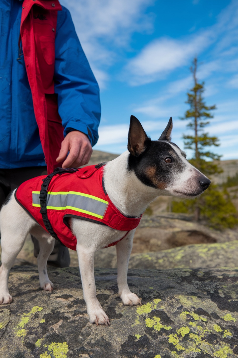 A Rat Terrier in a red vest standing on a rocky surface with a person in a blue jacket.