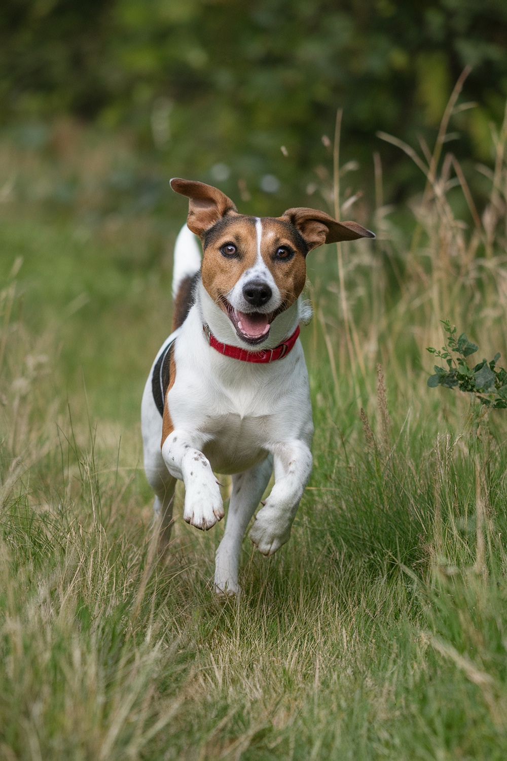 A happy Jack Russell Terrier and Beagle mix running in a grassy field.