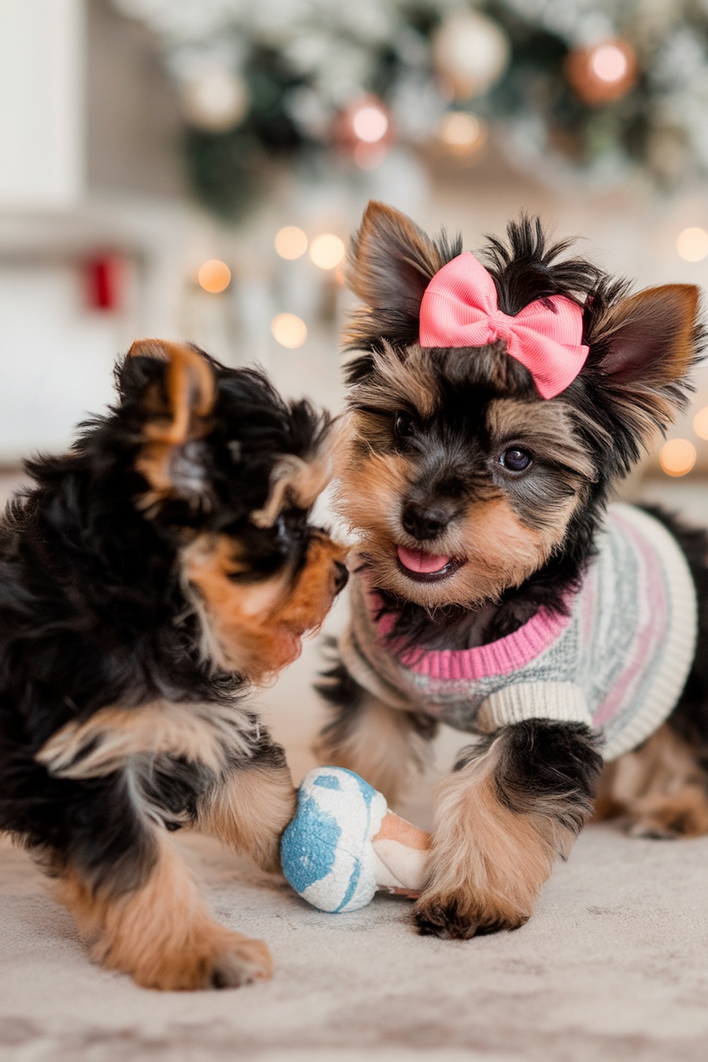 Two playful Yorkie puppies, one with a pink bow, interacting with a toy.