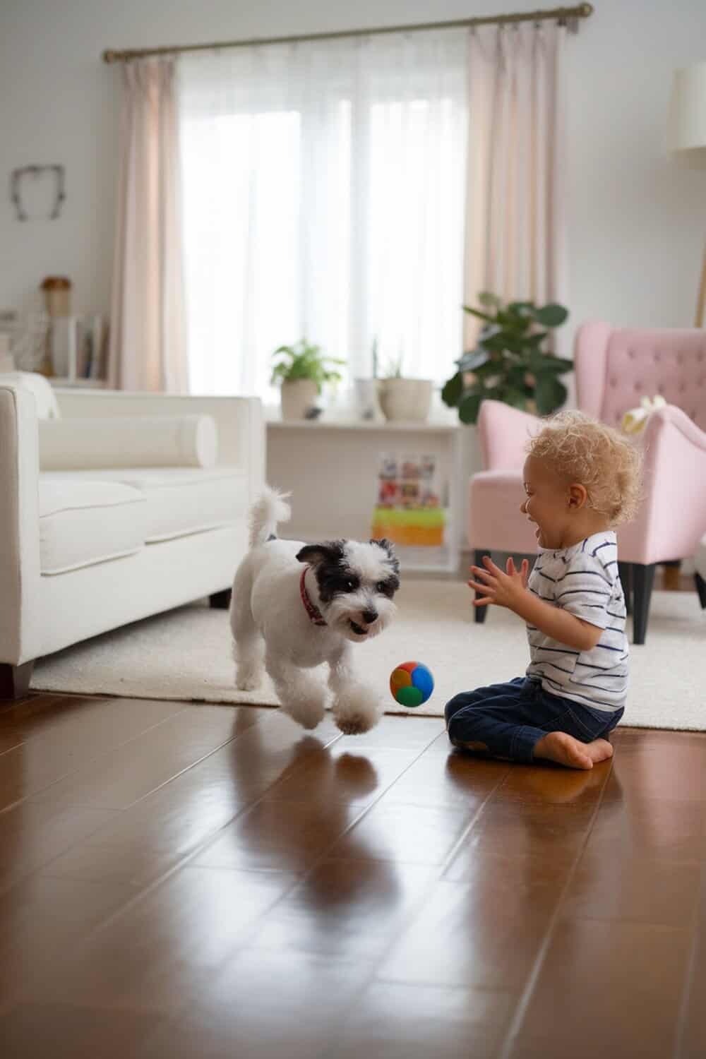 A child playing with a Bichon Frise Terrier mix dog in a cozy living room.