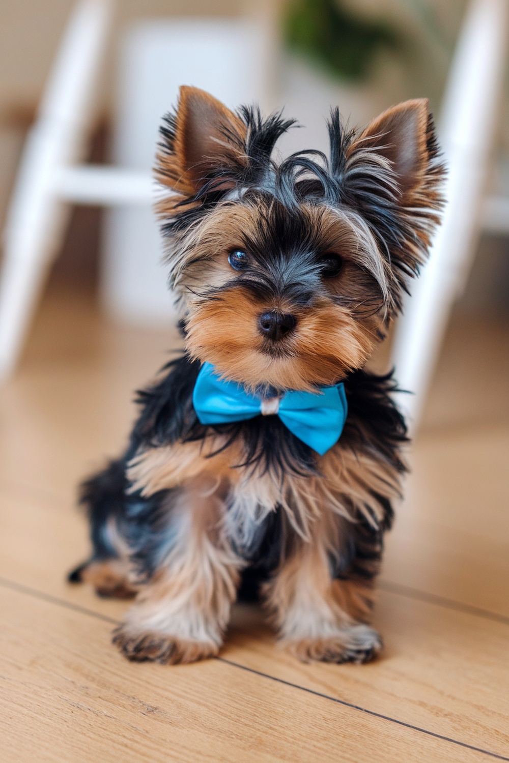 A cute Yorkie puppy wearing a blue bowtie, sitting on a wooden floor.