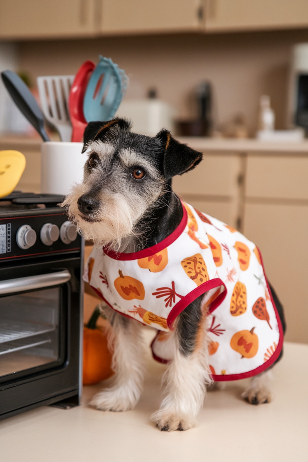 A terrier wearing a Thanksgiving-themed chef apron in a kitchen setting.