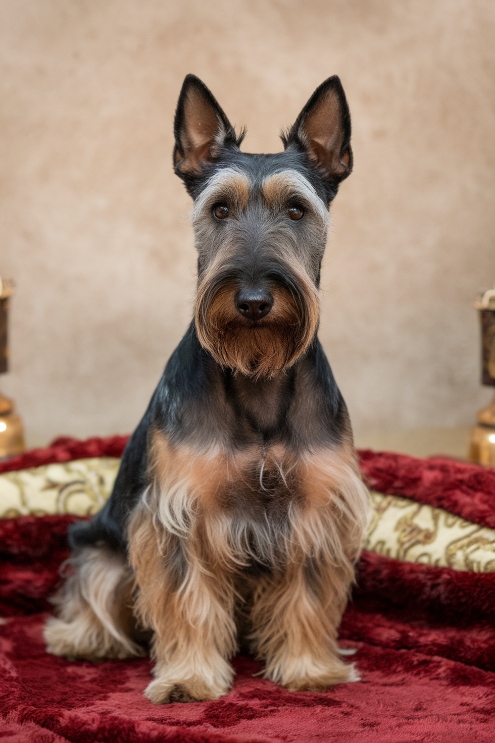 A Scottish Terrier sitting on a red blanket, showcasing its fluffy coat and alert expression.