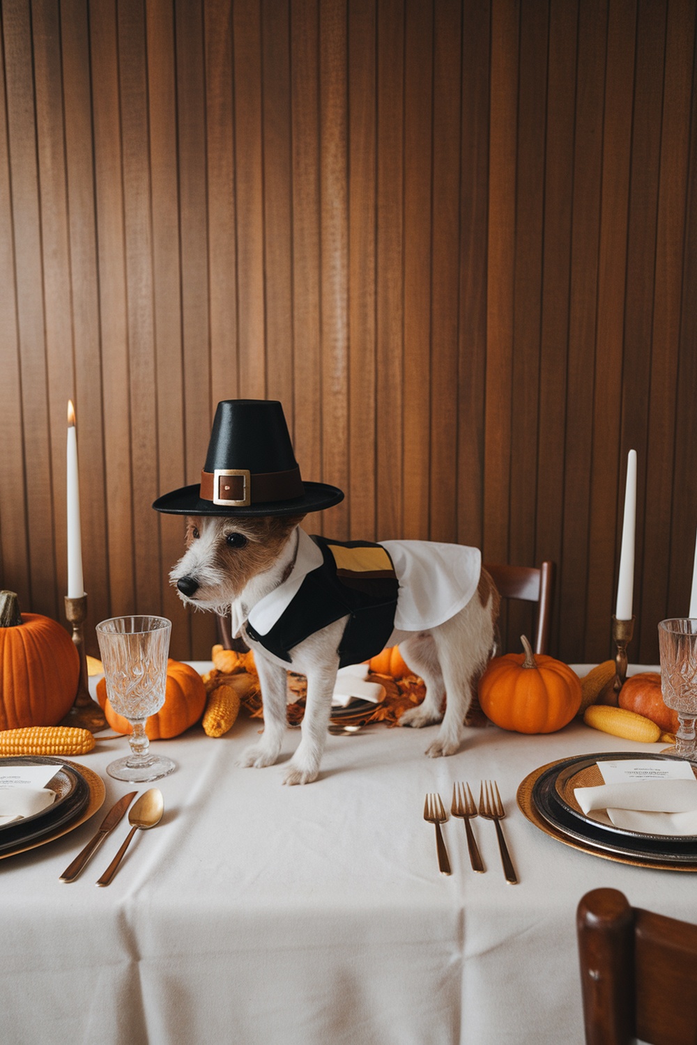 A terrier wearing a pilgrim hat and vest, standing on a Thanksgiving dinner table decorated with pumpkins and candles.