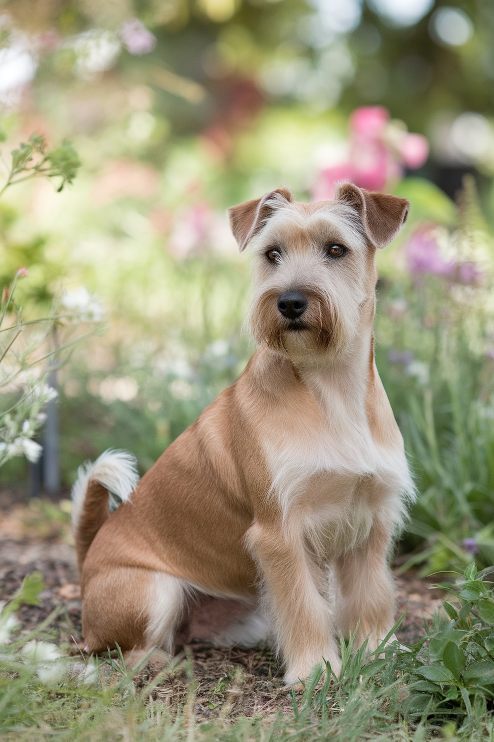 A Sealyham Terrier sitting in a garden with flowers.