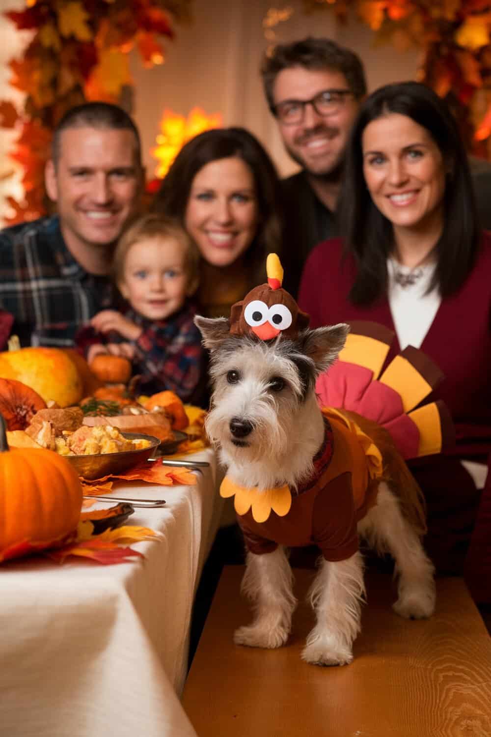 A family gathered around a Thanksgiving table with a dog dressed as a turkey.