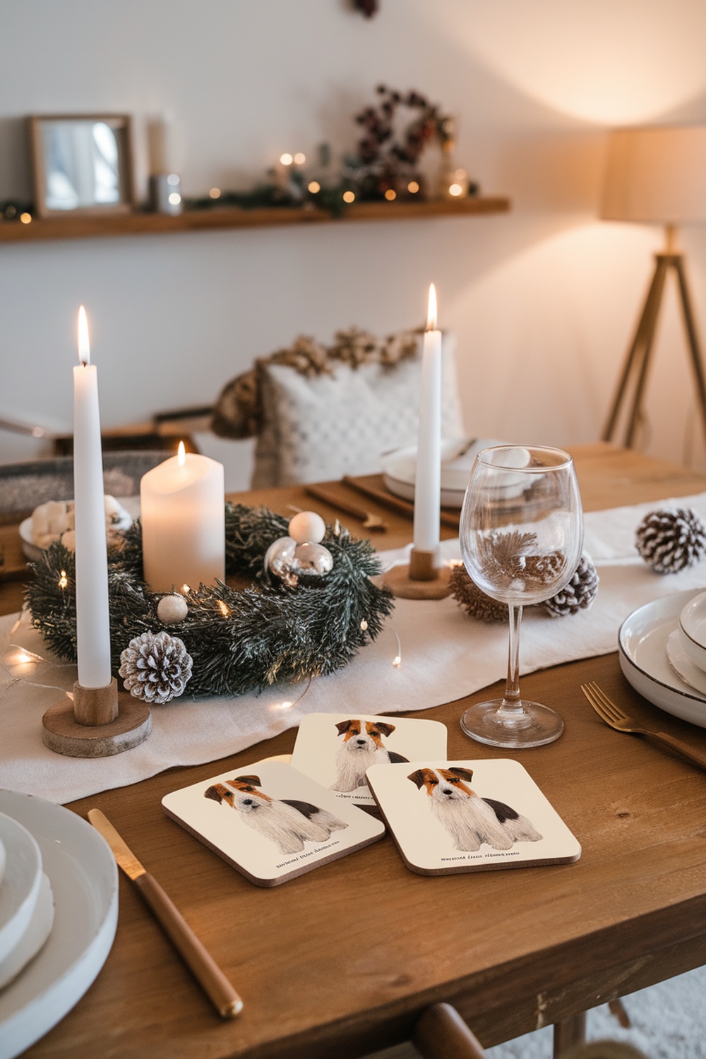 Terrier-themed coasters on a dining table with candles and a festive wreath.
