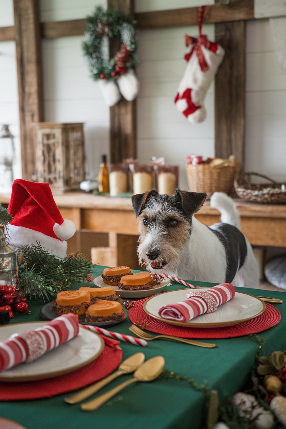 A terrier dog wearing a Santa hat, looking at a festive table with holiday treats.