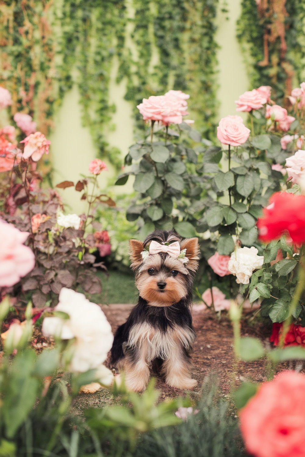 Yorkie puppy with a bow and flower crown sitting among roses