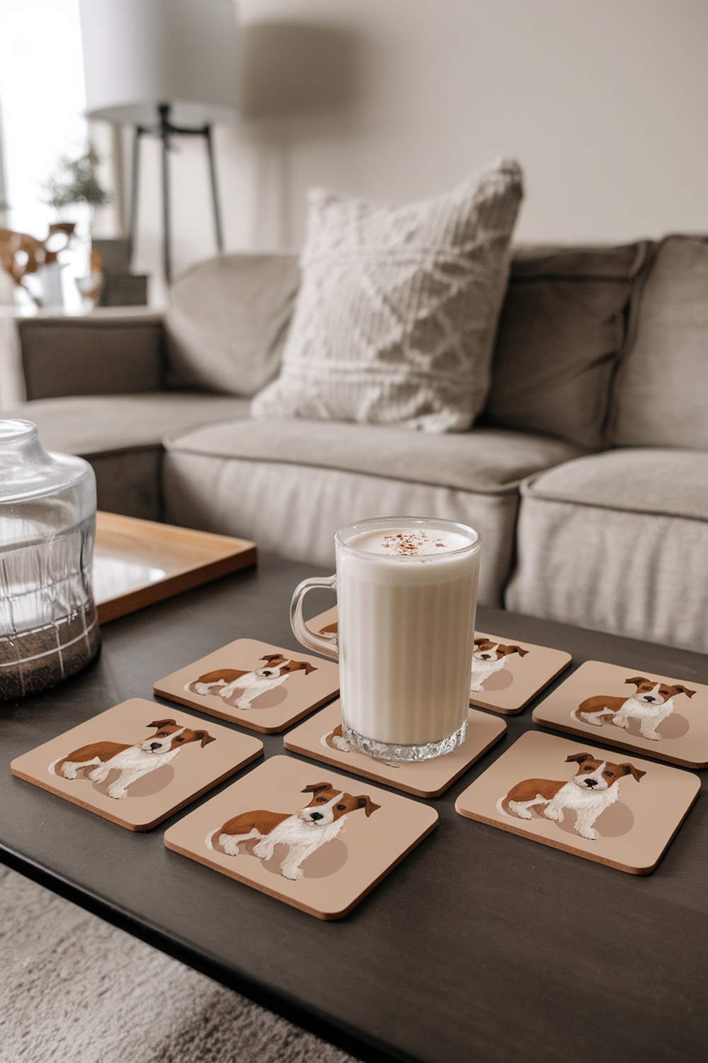 A set of dog-themed coasters with a glass of milk on a coffee table.