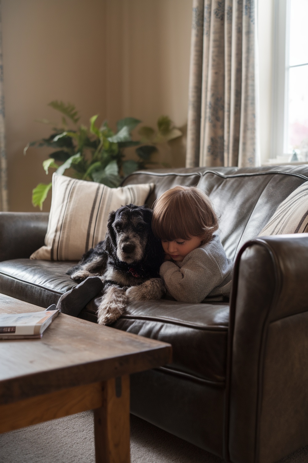 A child cuddling with a Cocker Spaniel Terrier mix on a couch.
