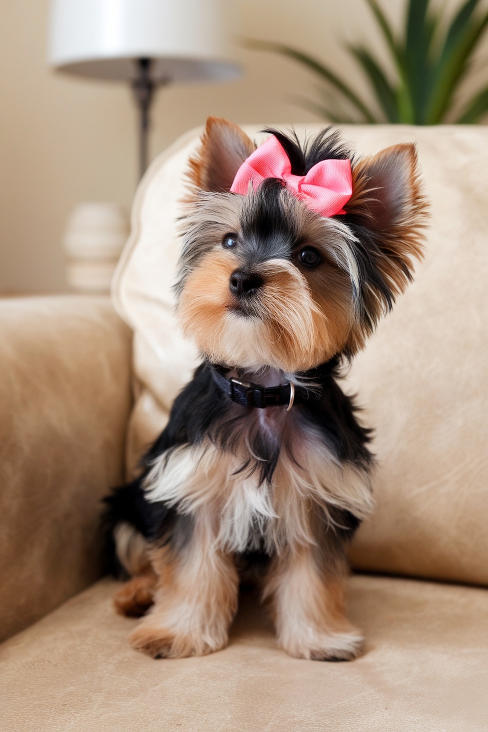 Yorkie puppy with a pink bow sitting on a couch