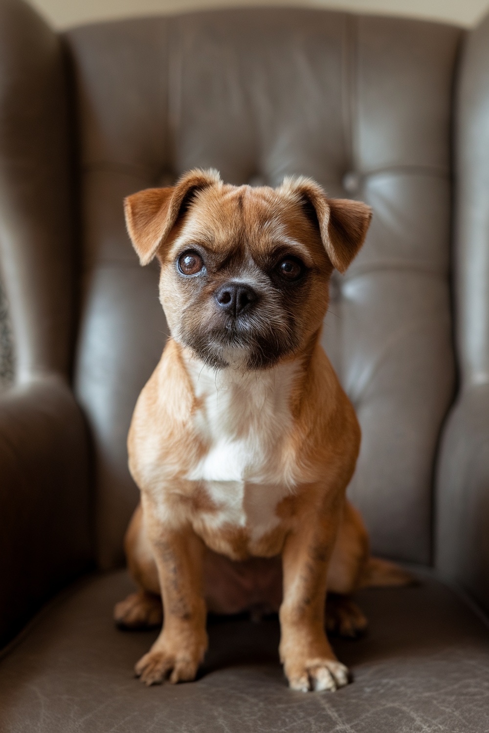 A Brussels Griffon sitting on a leather chair, looking charming and attentive.