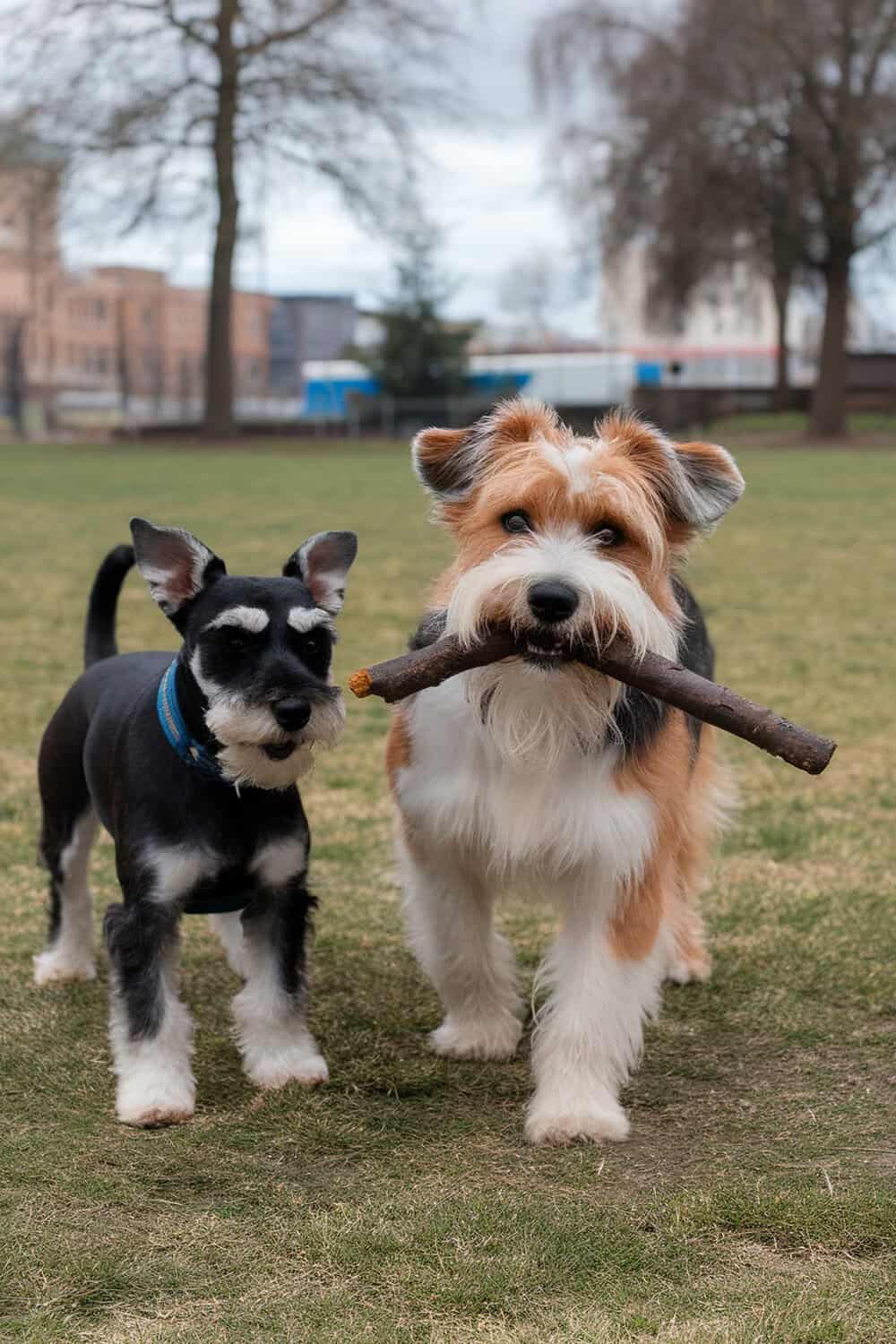 Two dogs, a Miniature Schnauzer and a Terrier mix, playing with a stick in a grassy park.