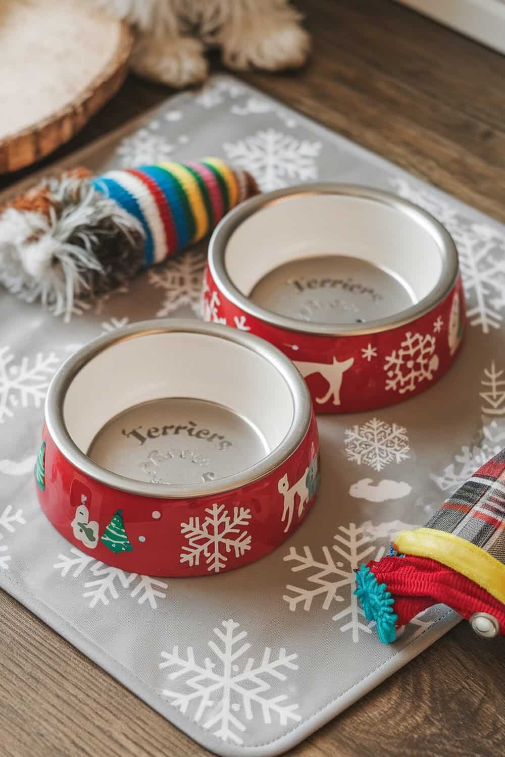 Two red dog bowls with festive designs on a snowflake mat.