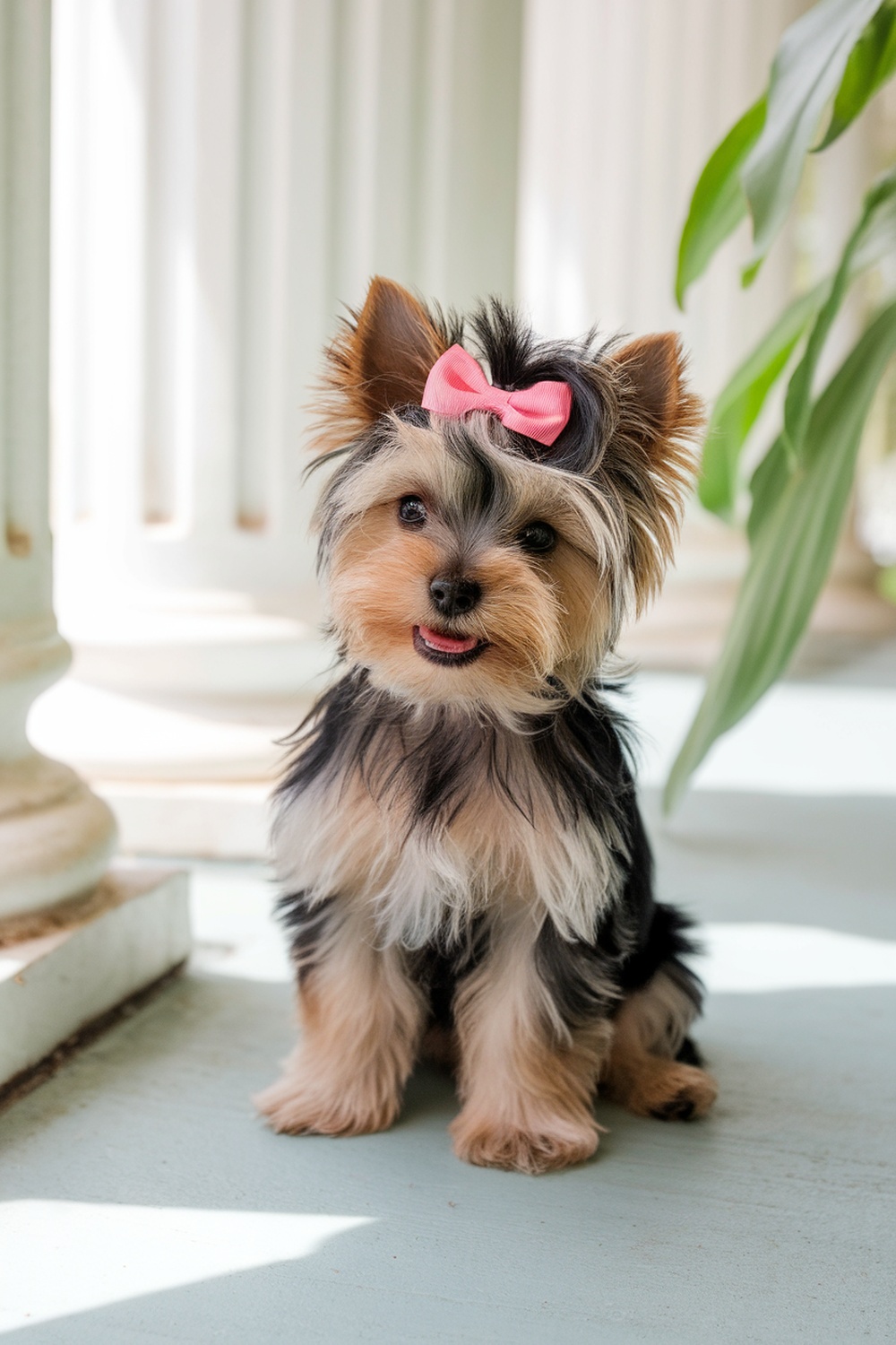 Yorkie puppy with a pink bow and a sweet smile