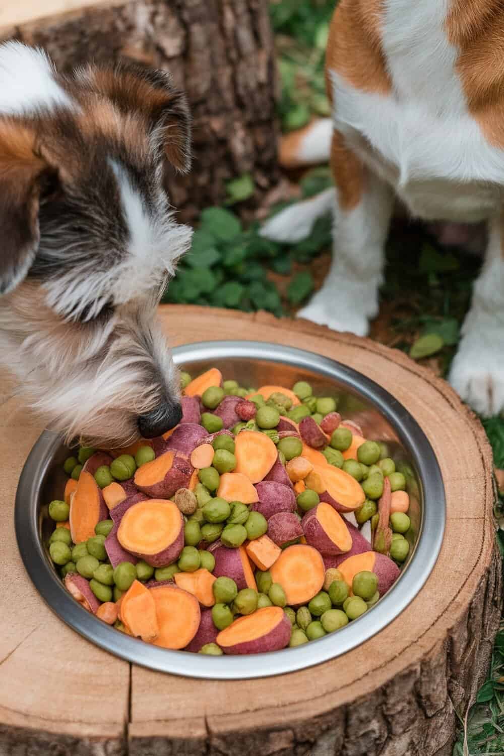 A close-up of a dog sniffing a bowl filled with sweet potatoes, green peas, and carrots.